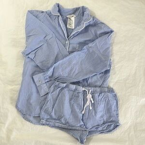 H&M Striped Pajama Set Size XS White Trim Light Blue Long Sleeve Button Down